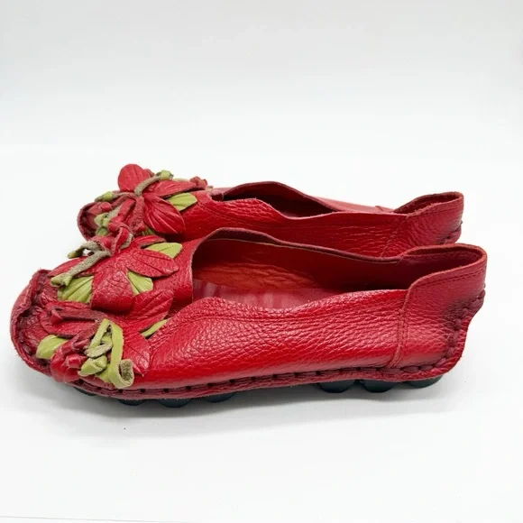 Socofy Red Flower Handcrafted Leather Slip On Loafers Shoes 9.5 - Picture 6 of 9
